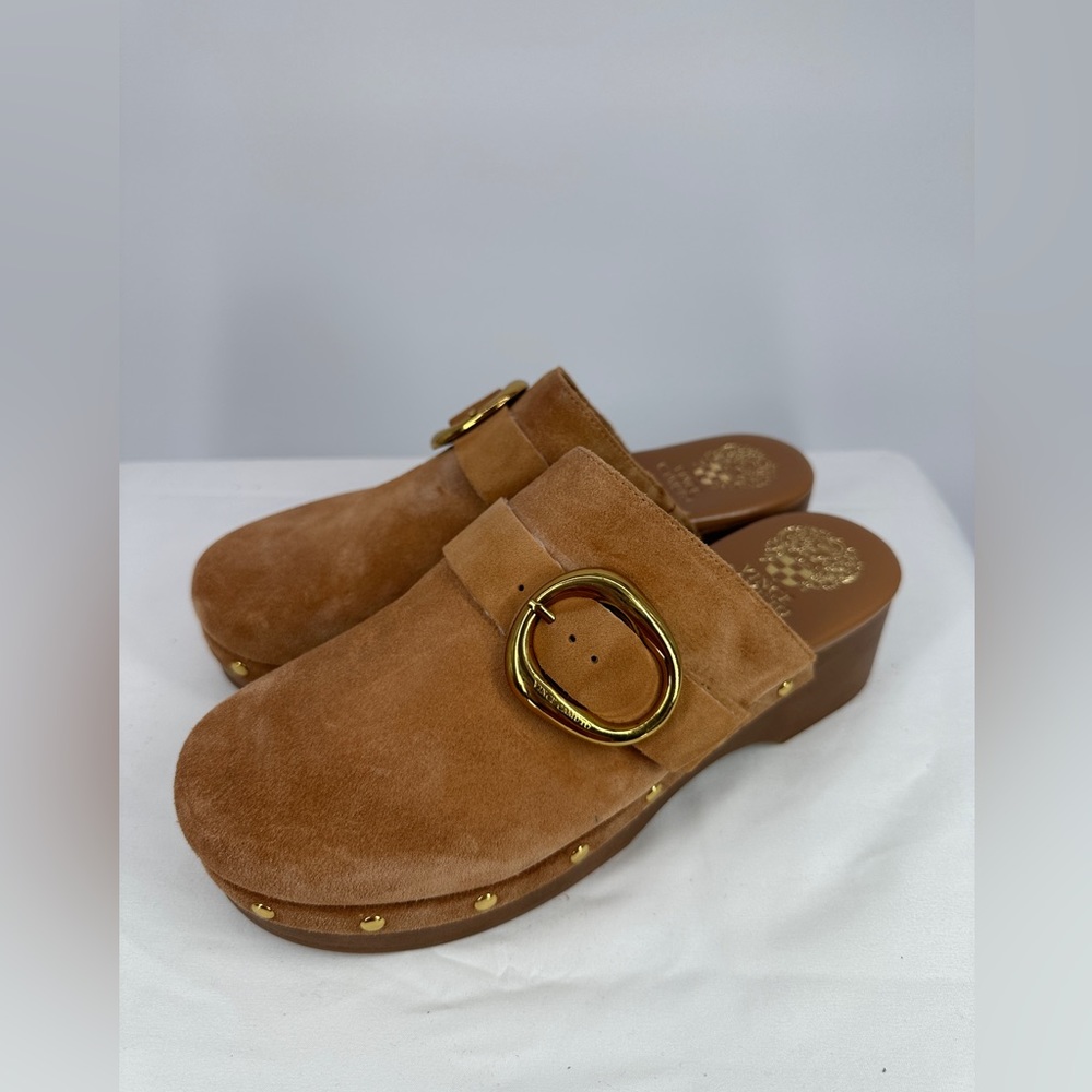 Vince Camuto Tan Suede Mules with Gold Buckle